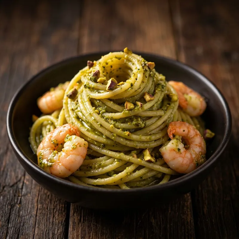 Spaghetto al Pesto di Pistaccio e Gamberi